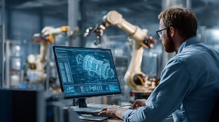 Fototapeta na wymiar Engineer working on a desktop computer, programming and visualizing cad software with a 3d model of a complex robotic arm part, operating in a modern industrial setting with automated machinery