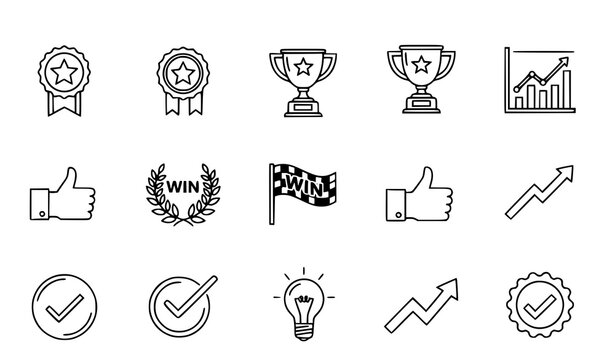 Success award growth win thumbs up outline icons set editable stroke 64x64 pixel perfect vector isolated on white background