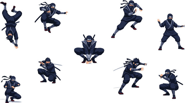 Ninja action pose collection with stealth, combat and martial arts movements, dynamic vector illustration set for game design, animation, fighting scenes and character design