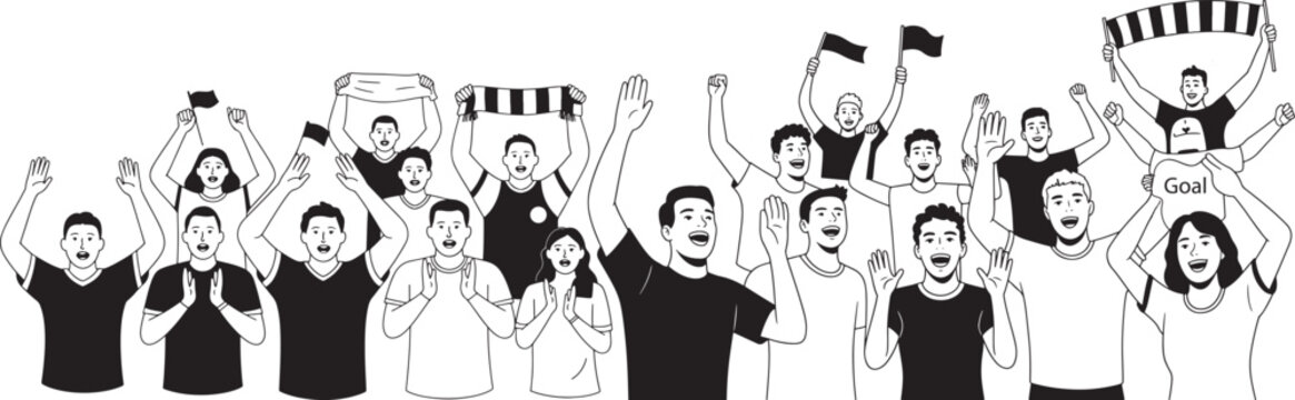 A large crowd of energetic soccer fans cheers loudly in black and white.