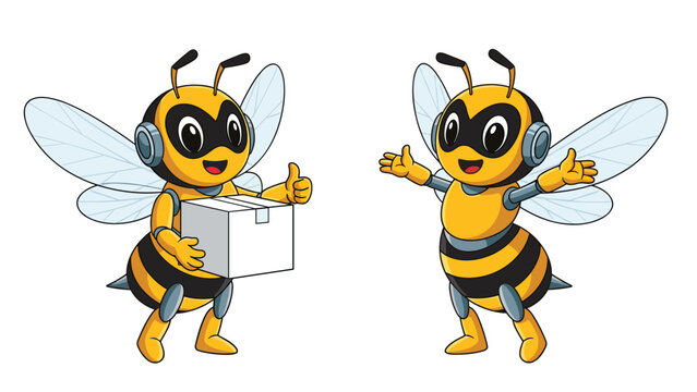 Couple of cute bee robot characters wearing goggles and carrying a package box representing fast and efficient delivery services for business.