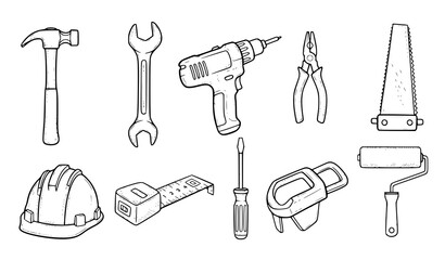 Hand drawn construction DIY tools icon set sketch vector illustration isolated on white background © MD HAJIRUDDIN