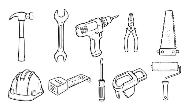 Hand drawn construction DIY tools icon set sketch vector illustration isolated on white background