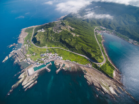 Aerial View of Northeast Cape - Northeast and Yilan Coast National Scenic Area. Coast landscape birds eye top view use the drone, shot in Gongliao District, New Taipei, Taiwan.