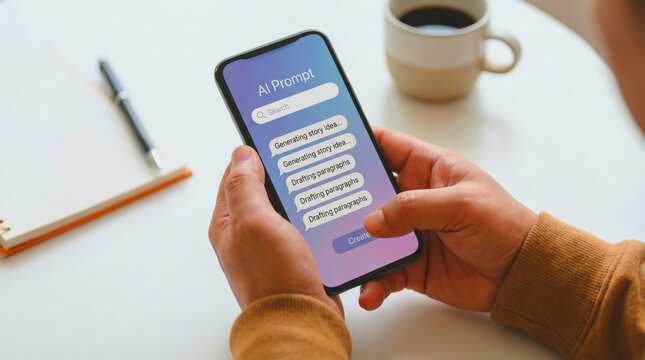 Person using a smartphone to interact with an artificial intelligence prompt interface for creative writing and content generation at a desk with coffee and notebook in a modern office setting