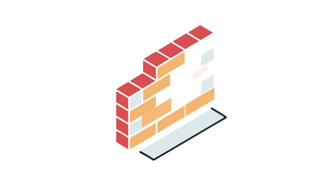 Isometric brick wall construction with blue and gray elements