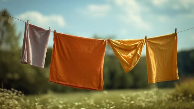 Colorful Laundry Day: A serene outdoor scene captures vibrant clothing drying in the sun, evoking a sense of cleanliness, freshness, and the simple beauty of everyday life.