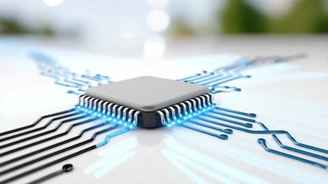 Microchip's Network: A close-up view of a microchip at the center of a complex network, highlighting the intricate circuitry and the flow of information