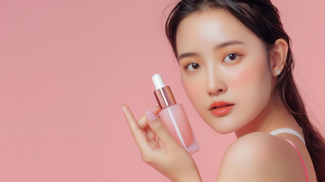 Luxury skincare serum concept with beautiful woman and radiant skin