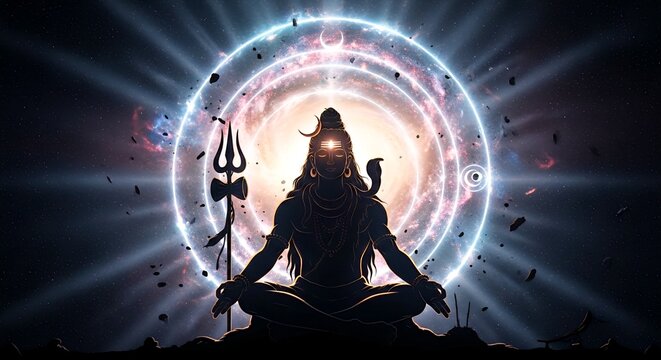 Cosmic Deity Meditating in Lotus Pose with Trishul and Glowing Galactic Mandala Background