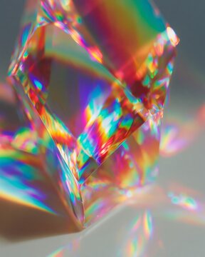 Hyper chromatic rainbow light refraction through a crystal prism creating vibrant color patterns on a smooth surface, showcasing intricate details and reflections