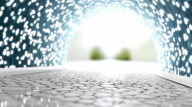 Pathway of Light: A luminous passage guides the eye toward a distant, serene destination, with a futuristic tunnel of lights creating an ethereal ambiance.
