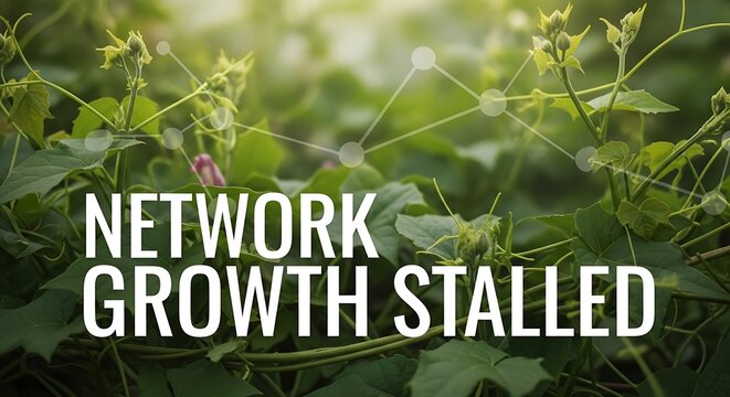 Network growth stalled in green foliage with development progress stagnation business challenge hindrance
