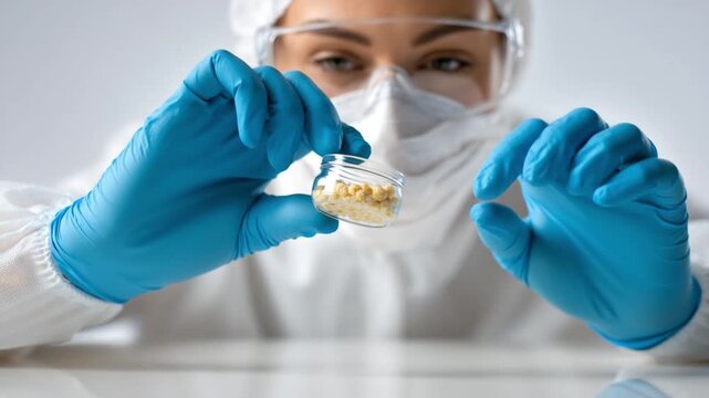Science Exploration: A dedicated scientist meticulously examines a small vial containing a mysterious sample, embodying the spirit of scientific inquiry and discovery.