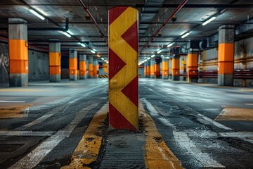 Obraz premium Underground parking garage with warning pillar and concrete columns
