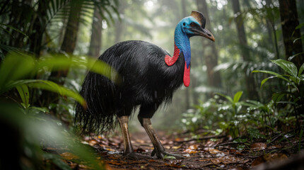 Obraz premium Cassowary Bird Low Angle Rainforest Wildlife Telephoto Shot Natural Frame Copy Space