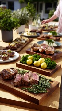 A man serves marinated lamb from a table filled with food at an agricultural fair in spring, with an electric grill nearby for cooking