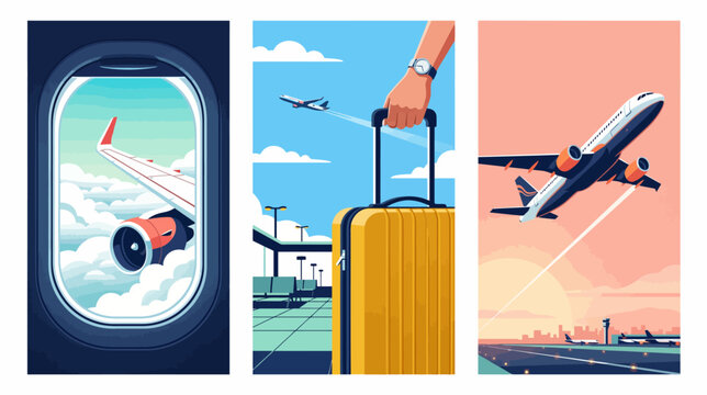 Travel and adventure concept with airplane taking off luggage and view from airplane window with clouds and another plane flying by