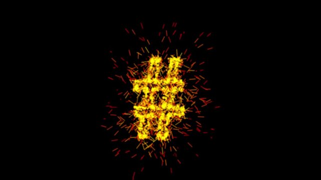 Yellow particle hashtag symbol animation on transparent background

Glowing yellow particles forming hashtag symbol animation isolated with alpha channel for compositing
