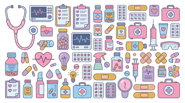 Pastel medical icons set including stethoscope pills syringes and healthcare symbols in pink blue and yellow hues on white background for healthcare and medical concepts