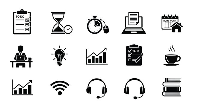 Black and white icons representing productivity time management and business concepts with symbols for tasks charts and communication
