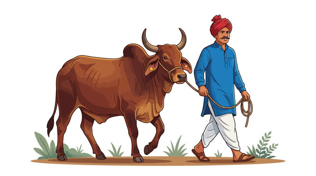 Man in traditional indian clothing walking with brown oxen rural scene with green plants rustic atmosphere and earthy tones