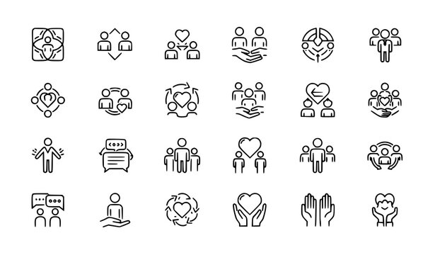 Modern editable stroke icon set of human values including care inclusion teamwork and friendship for corporate and education design