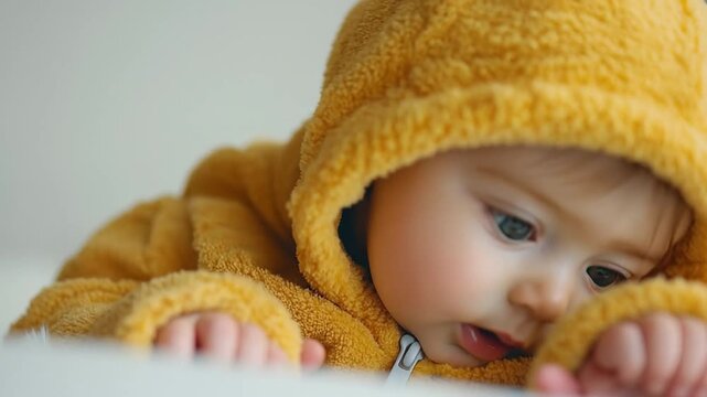 Golden Infant: A precious baby, swaddled in a soft, golden hooded outfit, gazes with gentle curiosity, capturing the essence of innocence and comfort.