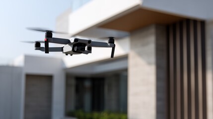 Fototapeta premium Modern quadcopter drone with camera hovers in flight for surveillance, inspection, or delivery. Propellers show motion blur against blurred contemporary home exterior. Technology concept