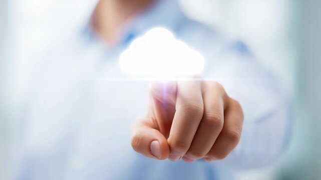 Cloud Computing Connection: A person points to a glowing cloud, symbolizing the power of cloud computing and the future of technology.