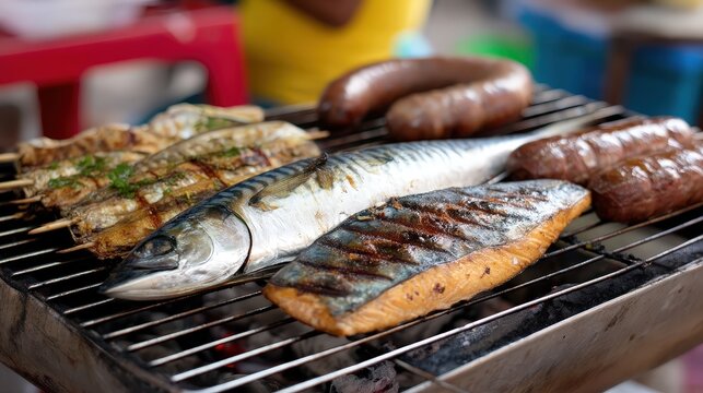 Barbecue meat and fish are being grilled at a street food festival while people enjoy the food and atmosphere in the evening