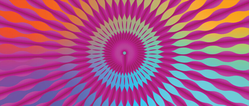 An abstract pink and purple spiral fractal creates a psychedelic mandala pattern with geometric vector shapes and a digital guilloche texture for a round ornamental wallpaper backdrop