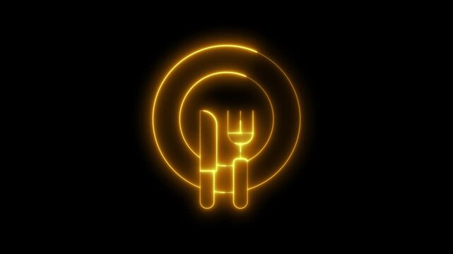 Golden neon glowing plate fork and knife animation on a black background, restaurant menu, dining service, food catering, or kitchen equipment