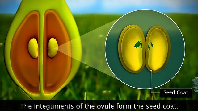3D animation showing formation of seeds and fruits after fertilization in flowering plants.