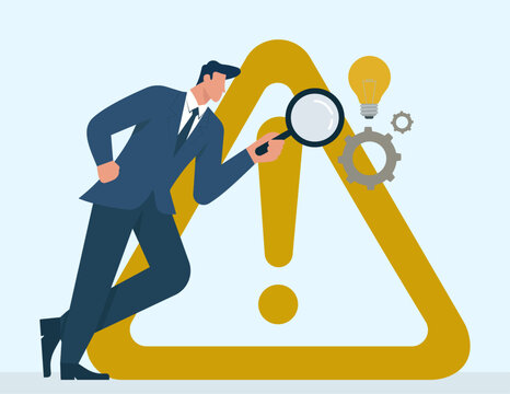 Flat vector illustration of a businessman analyzing a giant warning sign with a magnifying glass to find creative solutions and troubleshoot problems, Risk Management and Analysis
