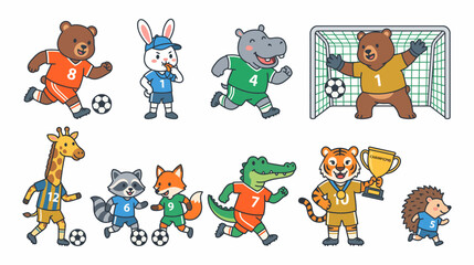 Fototapeta premium Cartoon animals playing soccer goalkeeper and celebrating with trophy various sports actions
