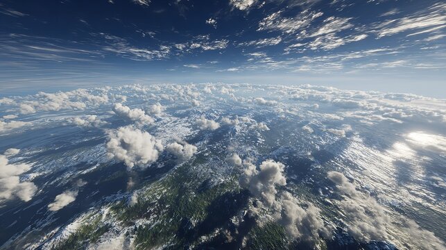 An aerial view shows white clouds floating high above the blue horizon where the sun light touches the earth atmosphere from a flight plane