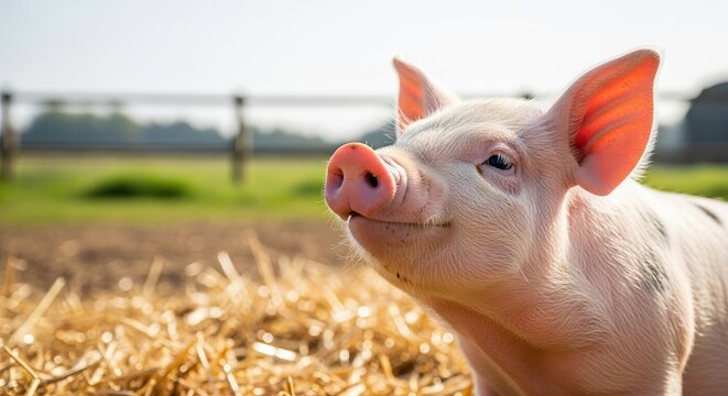 Domestic pig with pink skin and large ears resting on straw in a sunny farmyard with green grass and wooden fence in the background