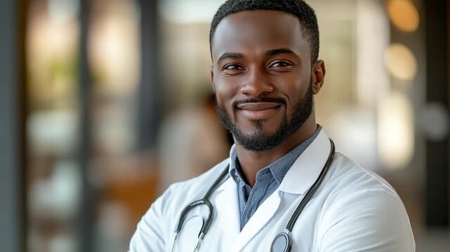 The Doctor's Smile: A confident and compassionate doctor in a white coat with a stethoscope around their neck, offering a reassuring smile and embodying health and medical expertise.