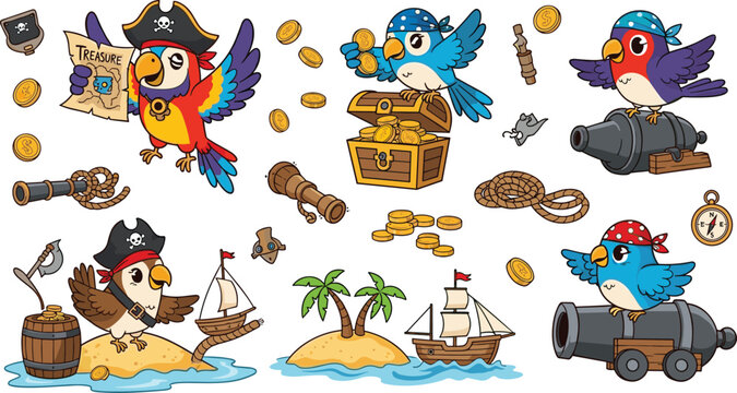 Cute kawaii pirate parrot cartoon character set with treasure chest, gold coins, cannon, sailing ship, treasure map, island, and compass on white background