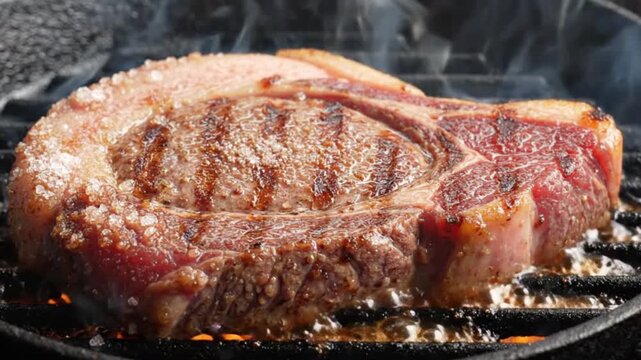 Close-up of Juicy Brazilian Barbecue churrasco Steak Sizzling on Grill Grate Over Open Fire in Seamless Loop