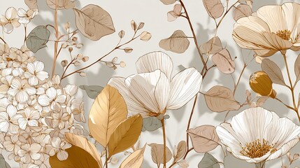 Naklejka premium A beautiful floral pattern with white and gold flowers on a beige background