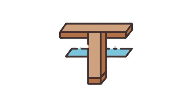 Abstract wooden T-shape with blue elements on White Background