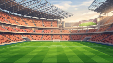 Empty soccer stadium with green field and orange seats under cloudy sky © craftsby.ib