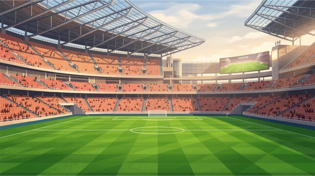 Empty soccer stadium with green field and orange seats under cloudy sky