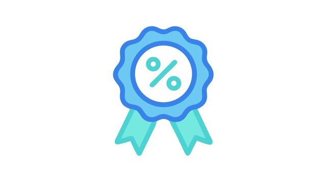 A blue promotional badge showing percentage discount with ribbons