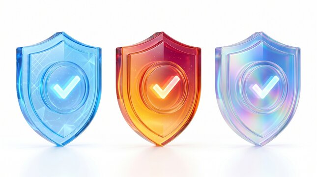 3d glass style shield and ribbon icon set