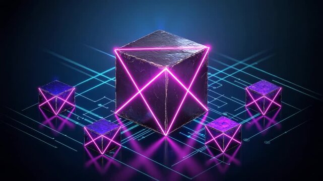 Abstract Cube: A visually captivating composition features a central cube illuminated by neon pink, surrounded by smaller cubes, set against a backdrop of intricate lines and a sleek.