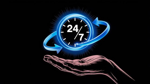 Futuristic digital clock with glowing interface hovering above human hand representing technology and time management