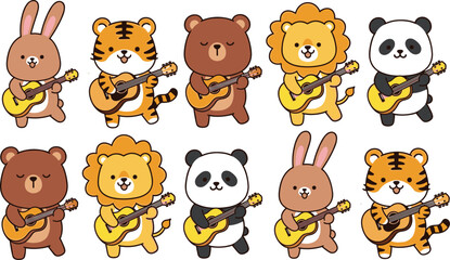 Fototapeta premium Cute Cartoon Animals Playing Guitar Collection with Bunny Tiger Bear Lion and Panda Music Character Set